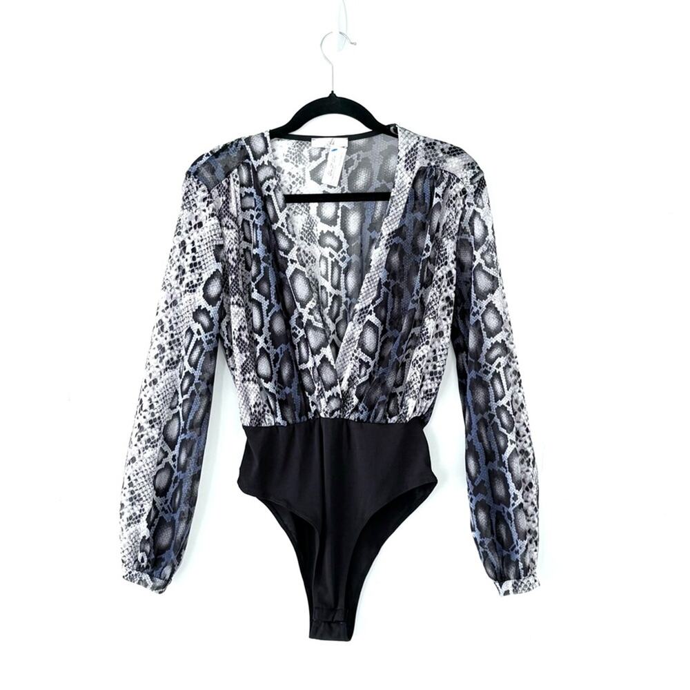 Dor L Dor Sheer Snakeskin Bodysuit NWT Women M Grey Blue Long Sleeve Clubwear
